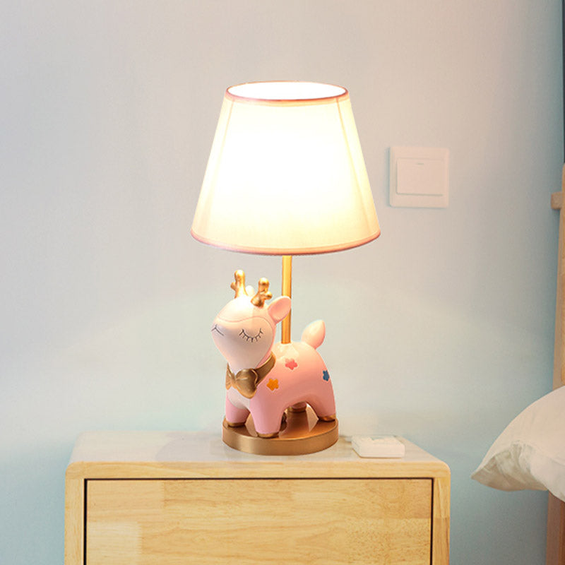 Sika Deer/Unicorn Bedside Table Lamp Resin Single Kids Night Light in Pink/Blue with Tapered Fabric Shade Pink Deer Clearhalo 'Lamps' 'Table Lamps' Lighting' 863664