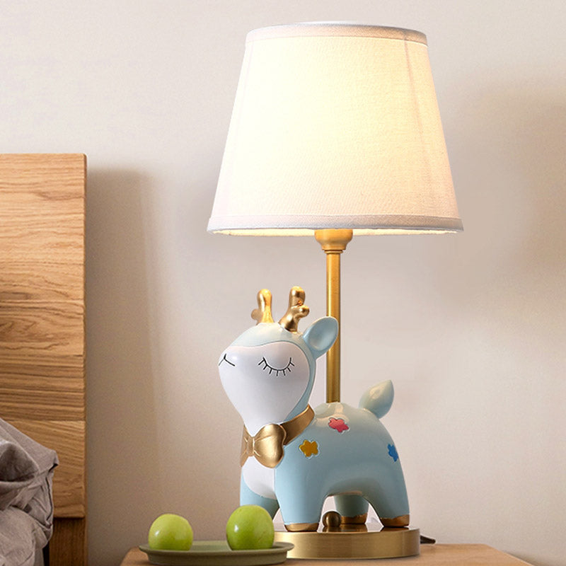 Sika Deer/Unicorn Bedside Table Lamp Resin Single Kids Night Light in Pink/Blue with Tapered Fabric Shade Blue Deer Clearhalo 'Lamps' 'Table Lamps' Lighting' 863668