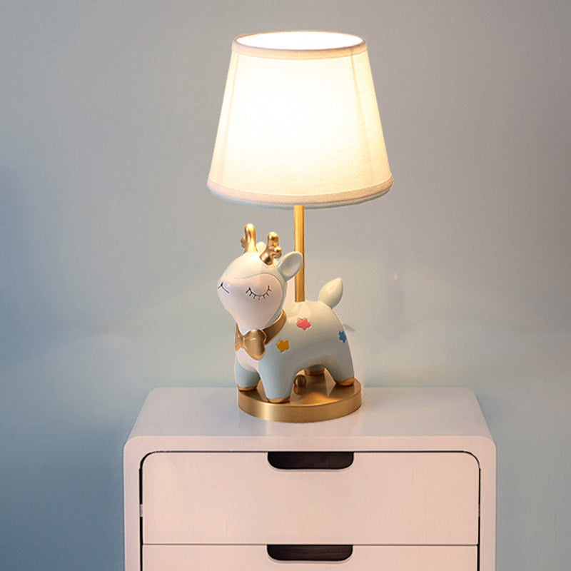 Sika Deer/Unicorn Bedside Table Lamp Resin Single Kids Night Light in Pink/Blue with Tapered Fabric Shade Clearhalo 'Lamps' 'Table Lamps' Lighting' 863669