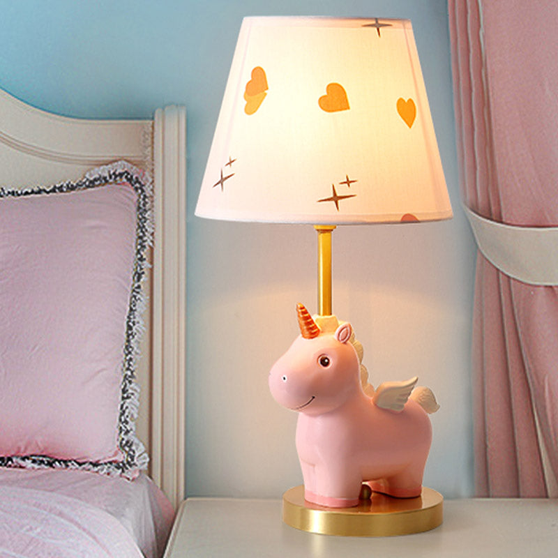 Sika Deer/Unicorn Bedside Table Lamp Resin Single Kids Night Light in Pink/Blue with Tapered Fabric Shade Pink Unicorn Clearhalo 'Lamps' 'Table Lamps' Lighting' 863672