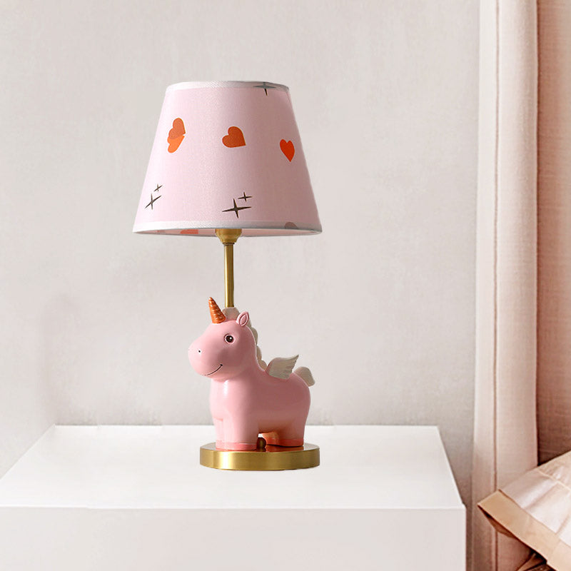 Sika Deer/Unicorn Bedside Table Lamp Resin Single Kids Night Light in Pink/Blue with Tapered Fabric Shade Clearhalo 'Lamps' 'Table Lamps' Lighting' 863673