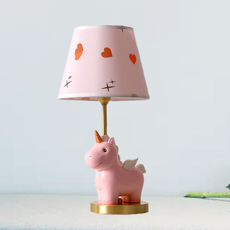 Sika Deer/Unicorn Bedside Table Lamp Resin Single Kids Night Light in Pink/Blue with Tapered Fabric Shade Clearhalo 'Lamps' 'Table Lamps' Lighting' 863674