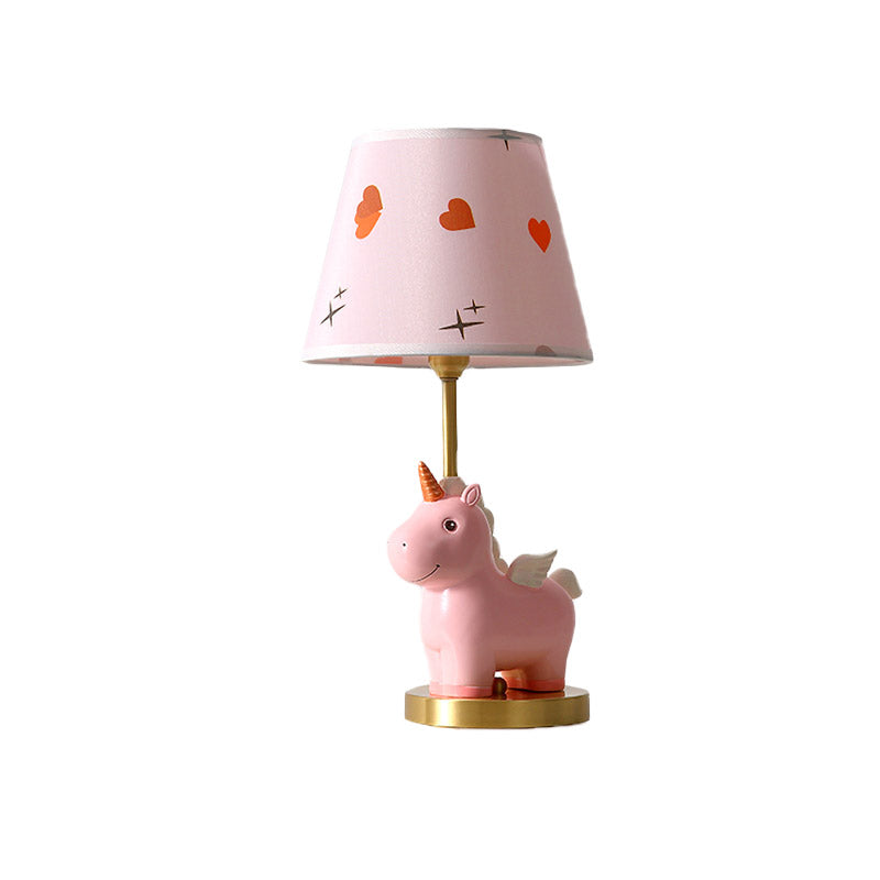 Sika Deer/Unicorn Bedside Table Lamp Resin Single Kids Night Light in Pink/Blue with Tapered Fabric Shade Clearhalo 'Lamps' 'Table Lamps' Lighting' 863675