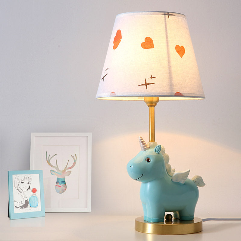Sika Deer/Unicorn Bedside Table Lamp Resin Single Kids Night Light in Pink/Blue with Tapered Fabric Shade Blue Unicorn Clearhalo 'Lamps' 'Table Lamps' Lighting' 863677