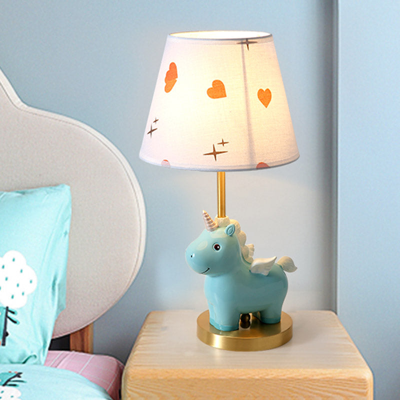 Sika Deer/Unicorn Bedside Table Lamp Resin Single Kids Night Light in Pink/Blue with Tapered Fabric Shade Clearhalo 'Lamps' 'Table Lamps' Lighting' 863678