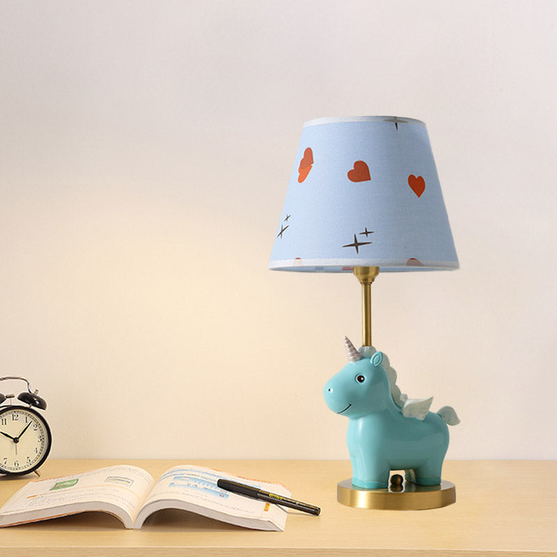 Sika Deer/Unicorn Bedside Table Lamp Resin Single Kids Night Light in Pink/Blue with Tapered Fabric Shade Clearhalo 'Lamps' 'Table Lamps' Lighting' 863679