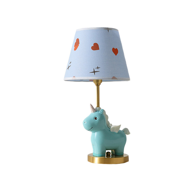 Sika Deer/Unicorn Bedside Table Lamp Resin Single Kids Night Light in Pink/Blue with Tapered Fabric Shade Clearhalo 'Lamps' 'Table Lamps' Lighting' 863680