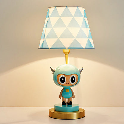 Cartoon Cow Boy Resin Night Lamp 1-Light Table Lighting with Triangle Print Shade in Pink/Blue Blue Clearhalo 'Lamps' 'Table Lamps' Lighting' 863685