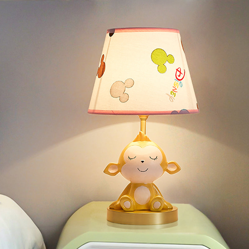 Cone Printed Fabric Nightstand Light Cartoon 1 Head White Table Lamp with Gold Monkey Base Gold Clearhalo 'Lamps' 'Table Lamps' Lighting' 863689