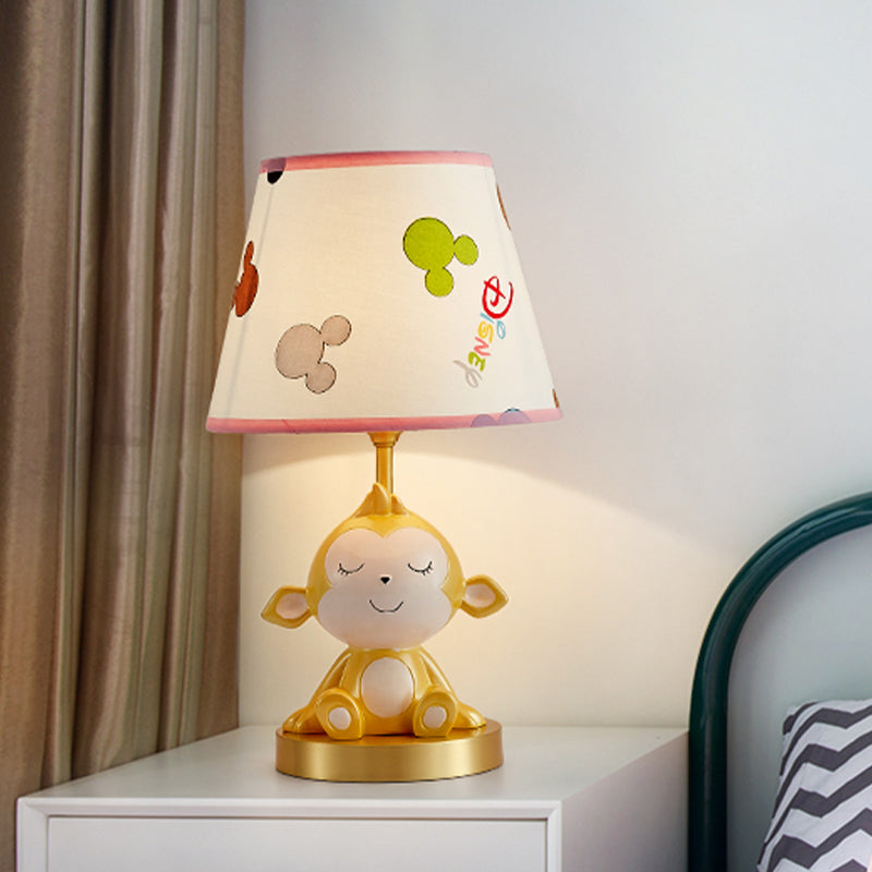 Cone Printed Fabric Nightstand Light Cartoon 1 Head White Table Lamp with Gold Monkey Base Clearhalo 'Lamps' 'Table Lamps' Lighting' 863690
