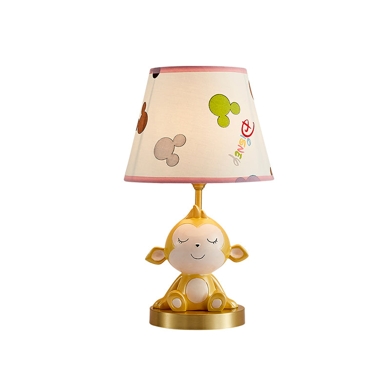 Cone Printed Fabric Nightstand Light Cartoon 1 Head White Table Lamp with Gold Monkey Base Clearhalo 'Lamps' 'Table Lamps' Lighting' 863691