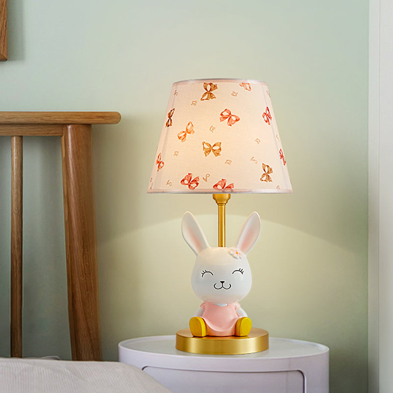 Cartoon Rabbit Night Stand Light Resin Single Bedroom Table Lamp with Tapered Fabric Shade in Pink and White Pink-White Clearhalo 'Lamps' 'Table Lamps' Lighting' 863701