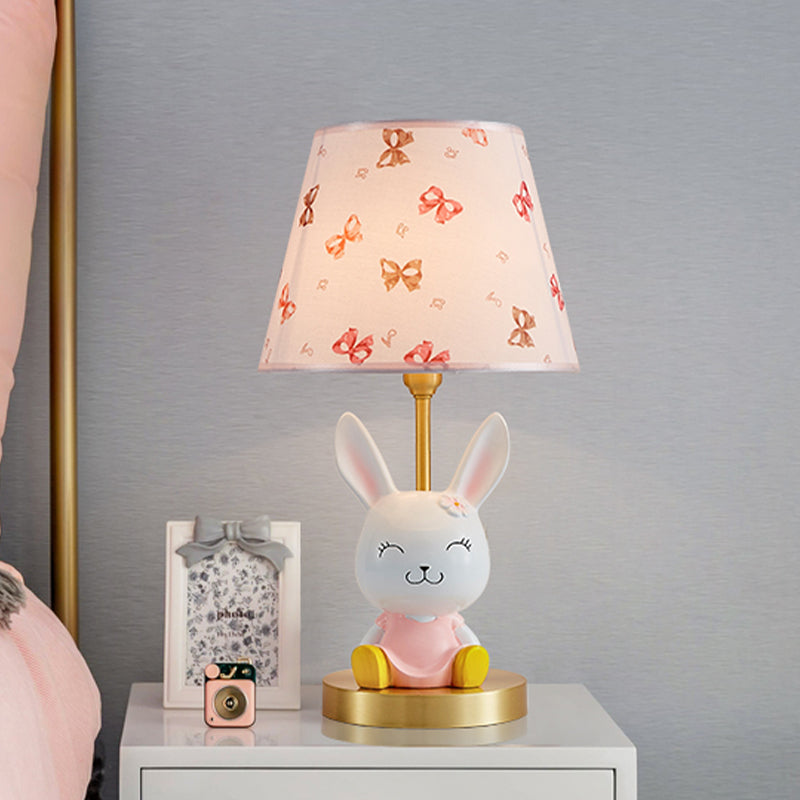 Cartoon Rabbit Night Stand Light Resin Single Bedroom Table Lamp with Tapered Fabric Shade in Pink and White Clearhalo 'Lamps' 'Table Lamps' Lighting' 863702