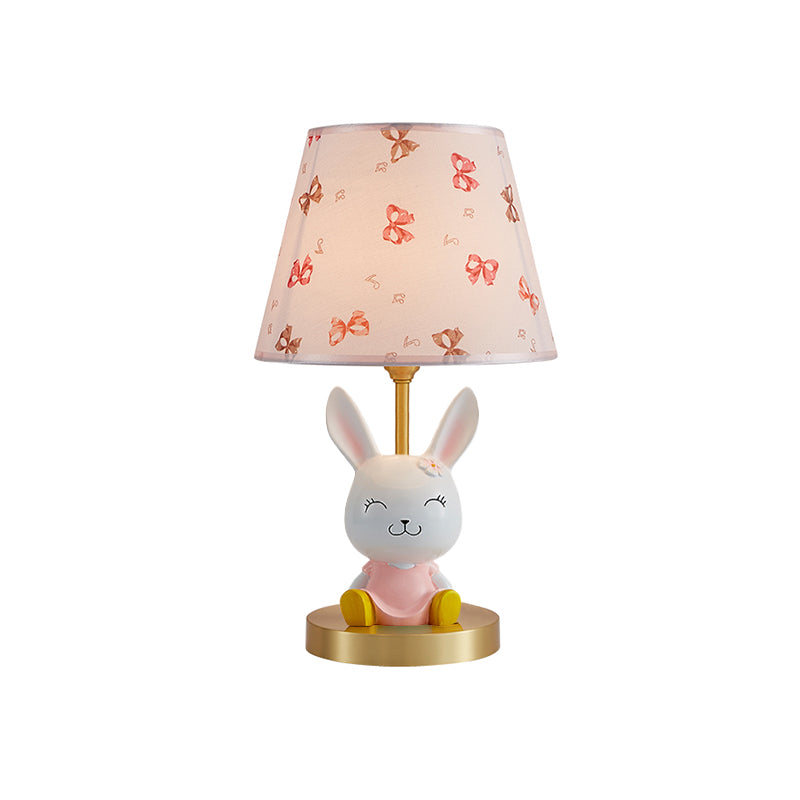 Cartoon Rabbit Night Stand Light Resin Single Bedroom Table Lamp with Tapered Fabric Shade in Pink and White Clearhalo 'Lamps' 'Table Lamps' Lighting' 863703