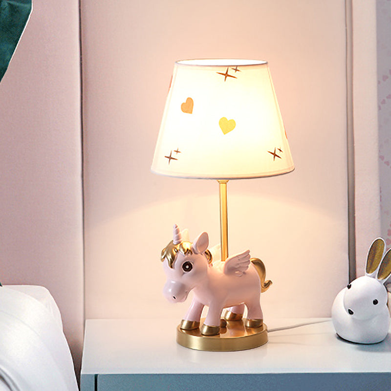 Cone Shade Night Light Kids Print Fabric 1 Bulb Pink/Blue Table Lighting with Unicorn Base Pink Clearhalo 'Lamps' 'Table Lamps' Lighting' 863705