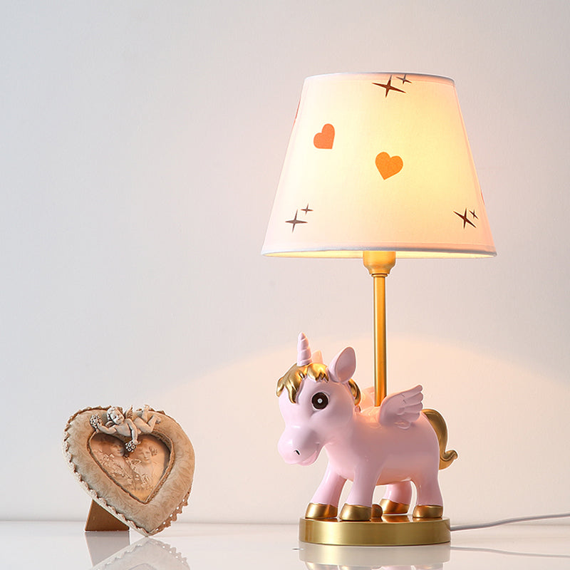 Cone Shade Night Light Kids Print Fabric 1 Bulb Pink/Blue Table Lighting with Unicorn Base Clearhalo 'Lamps' 'Table Lamps' Lighting' 863706