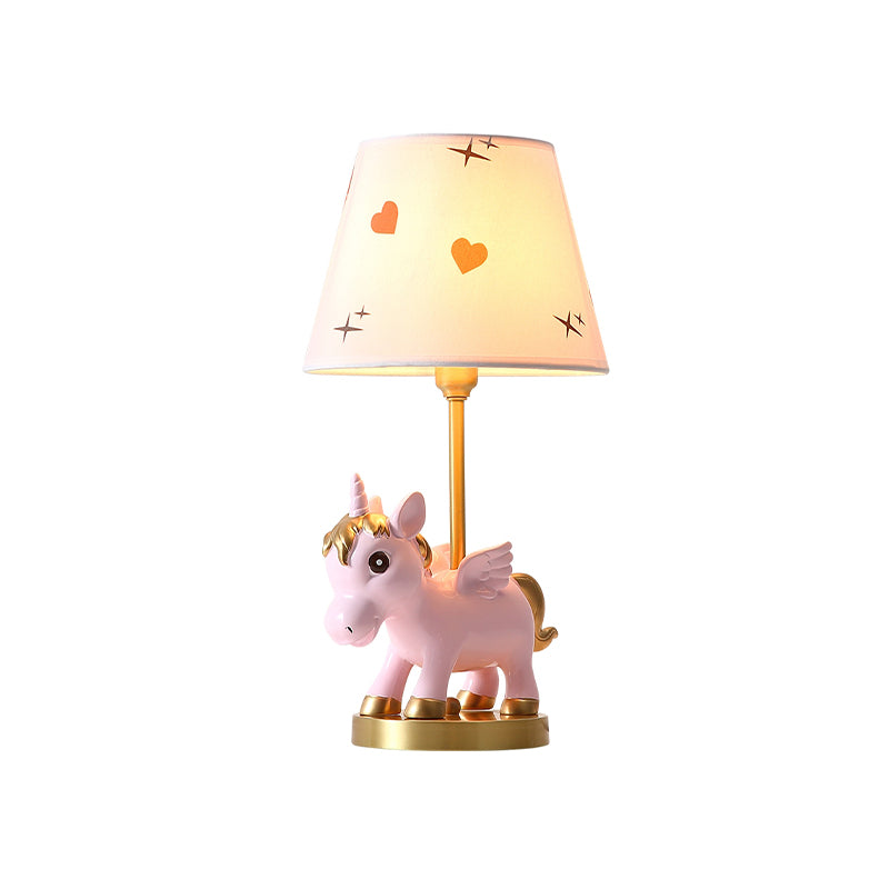 Cone Shade Night Light Kids Print Fabric 1 Bulb Pink/Blue Table Lighting with Unicorn Base Clearhalo 'Lamps' 'Table Lamps' Lighting' 863707