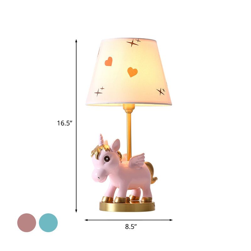 Cone Shade Night Light Kids Print Fabric 1 Bulb Pink/Blue Table Lighting with Unicorn Base Clearhalo 'Lamps' 'Table Lamps' Lighting' 863708