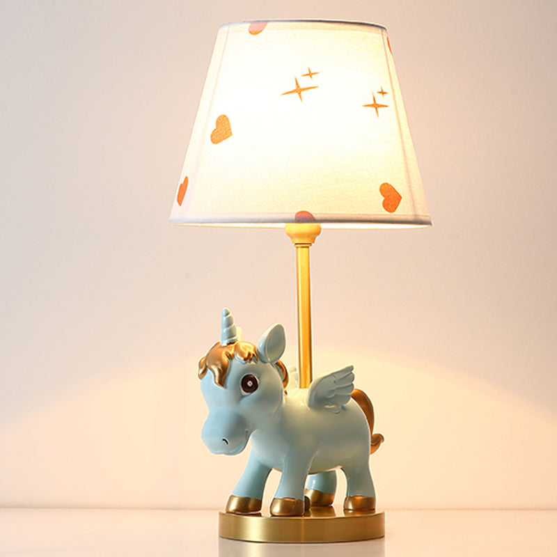 Cone Shade Night Light Kids Print Fabric 1 Bulb Pink/Blue Table Lighting with Unicorn Base Clearhalo 'Lamps' 'Table Lamps' Lighting' 863710