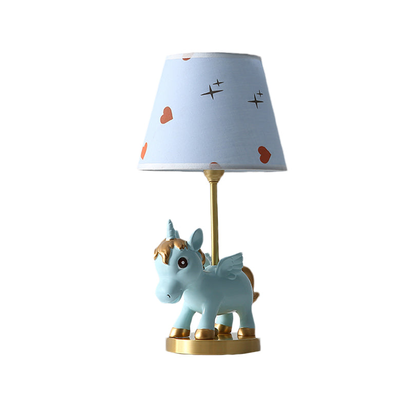 Cone Shade Night Light Kids Print Fabric 1 Bulb Pink/Blue Table Lighting with Unicorn Base Clearhalo 'Lamps' 'Table Lamps' Lighting' 863712