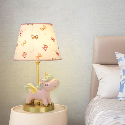 Resin Flying Horse Table Lamp Kids 1 Head Nightstand Light in Pink/Blue with Printed Fabric Shade Pink Clearhalo 'Lamps' 'Table Lamps' Lighting' 863721