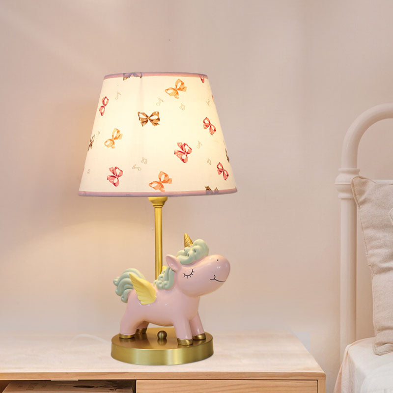 Resin Flying Horse Table Lamp Kids 1 Head Nightstand Light in Pink/Blue with Printed Fabric Shade Clearhalo 'Lamps' 'Table Lamps' Lighting' 863722