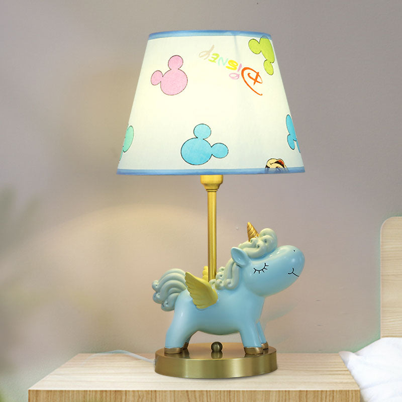 Resin Flying Horse Table Lamp Kids 1 Head Nightstand Light in Pink/Blue with Printed Fabric Shade Blue Clearhalo 'Lamps' 'Table Lamps' Lighting' 863725