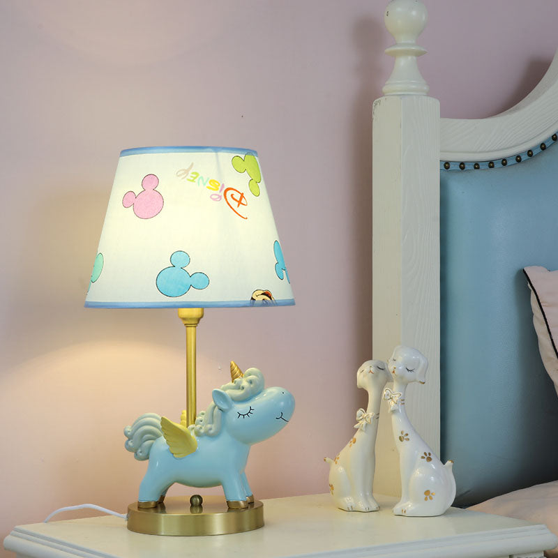 Resin Flying Horse Table Lamp Kids 1 Head Nightstand Light in Pink/Blue with Printed Fabric Shade Clearhalo 'Lamps' 'Table Lamps' Lighting' 863726