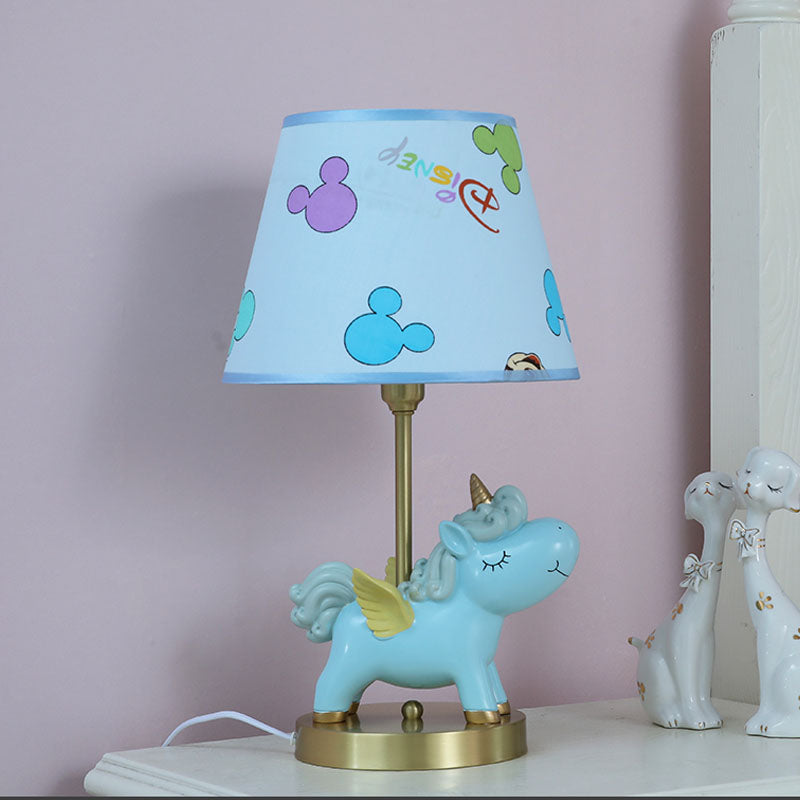 Resin Flying Horse Table Lamp Kids 1 Head Nightstand Light in Pink/Blue with Printed Fabric Shade Clearhalo 'Lamps' 'Table Lamps' Lighting' 863727