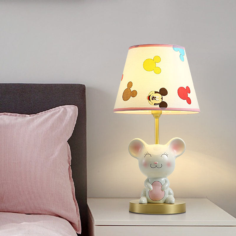 Kids Smiling Mouse Night Lamp Resin 1 Bulb Child Room Table Light with Fabric Shade in Pink/Blue Clearhalo 'Lamps' 'Table Lamps' Lighting' 863730