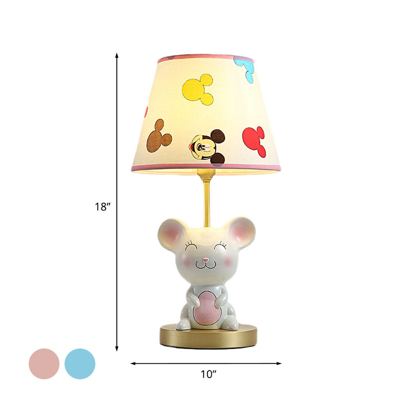 Kids Smiling Mouse Night Lamp Resin 1 Bulb Child Room Table Light with Fabric Shade in Pink/Blue Clearhalo 'Lamps' 'Table Lamps' Lighting' 863732