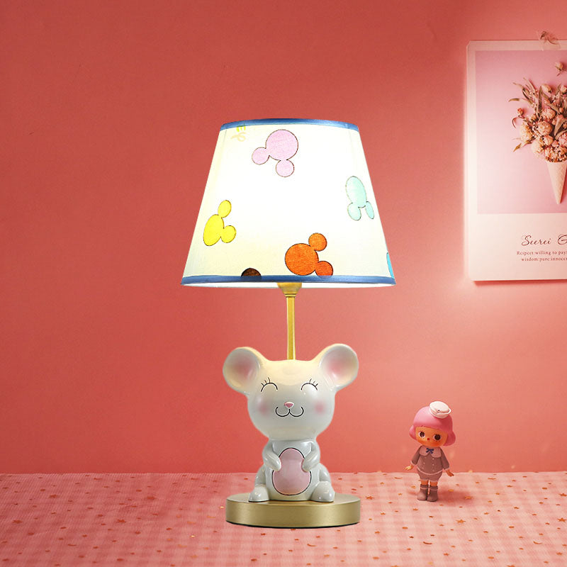 Kids Smiling Mouse Night Lamp Resin 1 Bulb Child Room Table Light with Fabric Shade in Pink/Blue Blue Clearhalo 'Lamps' 'Table Lamps' Lighting' 863733