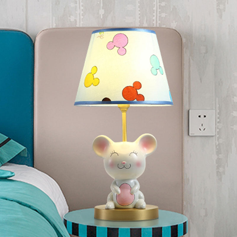 Kids Smiling Mouse Night Lamp Resin 1 Bulb Child Room Table Light with Fabric Shade in Pink/Blue Clearhalo 'Lamps' 'Table Lamps' Lighting' 863734
