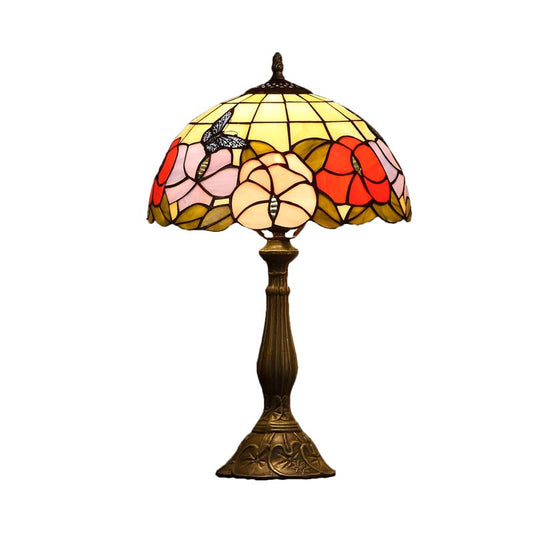 1 Bulb Grid-Bowl Table Light Tiffany Bronze Stained Glass Night Lamp with Butterfly and Flower Pattern Clearhalo 'Lamps' 'Table Lamps' Lighting' 863824
