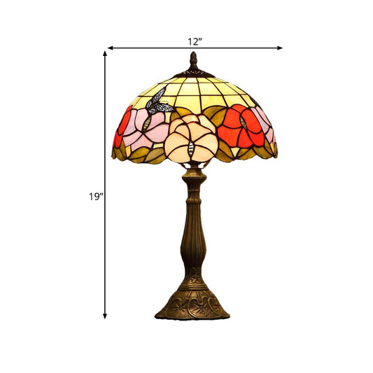 1 Bulb Grid-Bowl Table Light Tiffany Bronze Stained Glass Night Lamp with Butterfly and Flower Pattern Clearhalo 'Lamps' 'Table Lamps' Lighting' 863825