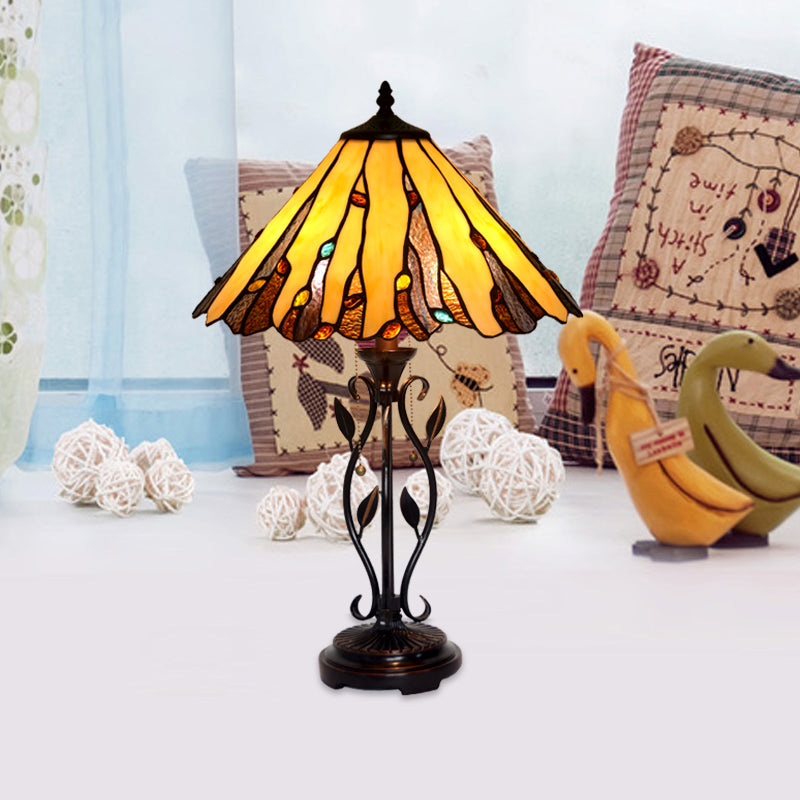 Coffee Candle Pull-Chain Table Lamp Tiffany 2-Light Metal Night Lighting with Cone Stained Glass Shade Clearhalo 'Lamps' 'Table Lamps' Lighting' 863843