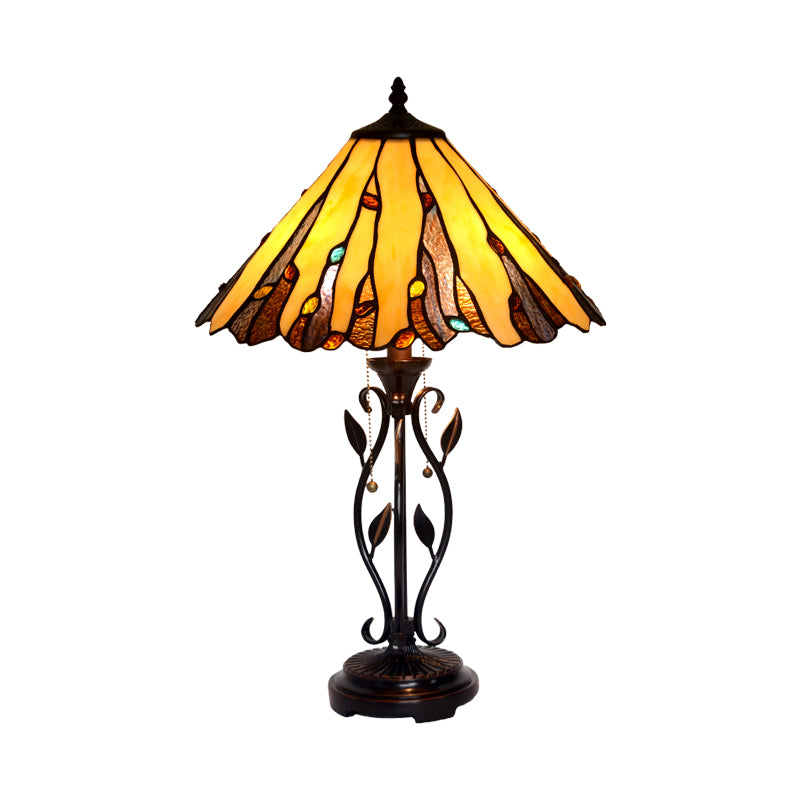 Coffee Candle Pull-Chain Table Lamp Tiffany 2-Light Metal Night Lighting with Cone Stained Glass Shade Clearhalo 'Lamps' 'Table Lamps' Lighting' 863844