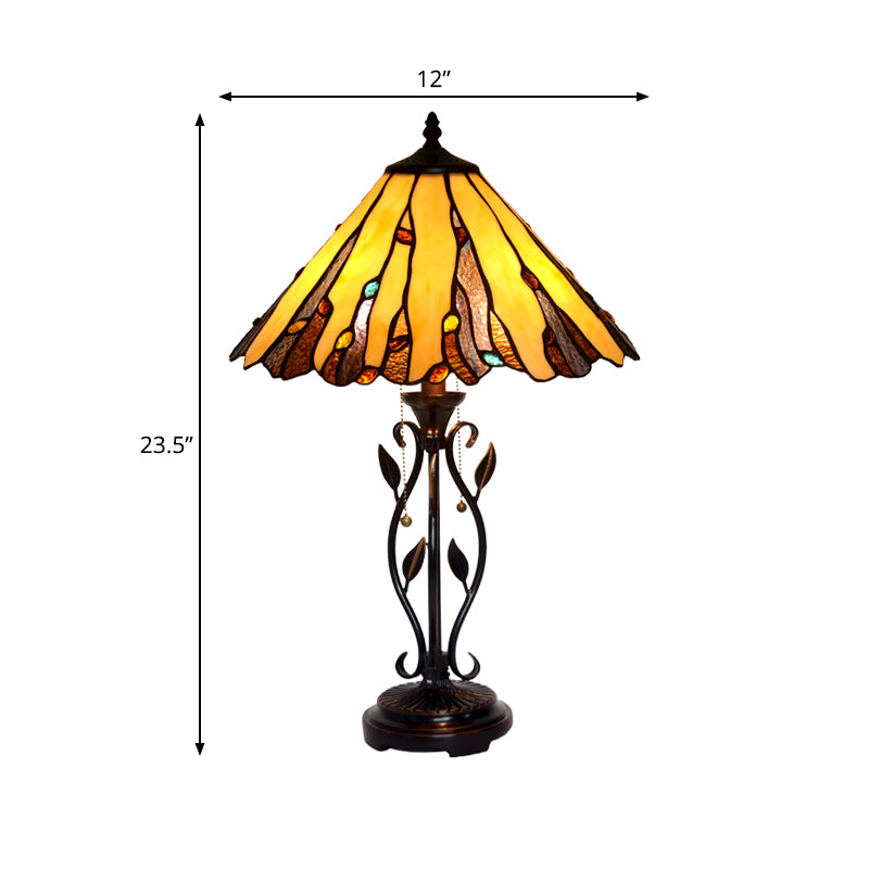 Coffee Candle Pull-Chain Table Lamp Tiffany 2-Light Metal Night Lighting with Cone Stained Glass Shade Clearhalo 'Lamps' 'Table Lamps' Lighting' 863845