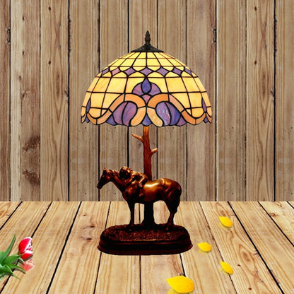 Resin Horse Carrying Kid Table Lamp Tiffany-Style 1 Head Coffee Night Light with Grid Stained Glass Shade Coffee Clearhalo 'Lamps' 'Table Lamps' Lighting' 863854