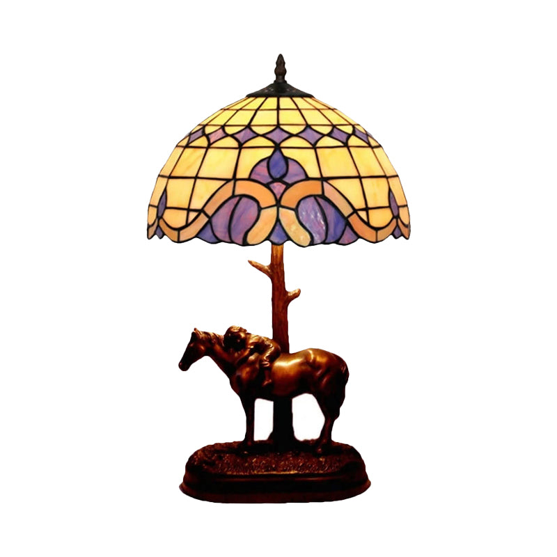 Resin Horse Carrying Kid Table Lamp Tiffany-Style 1 Head Coffee Night Light with Grid Stained Glass Shade Clearhalo 'Lamps' 'Table Lamps' Lighting' 863855