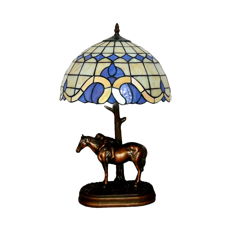 Resin Horse Carrying Kid Table Lamp Tiffany-Style 1 Head Coffee Night Light with Grid Stained Glass Shade Clearhalo 'Lamps' 'Table Lamps' Lighting' 863856