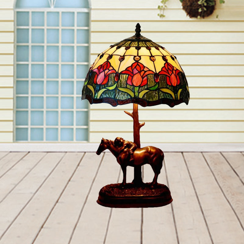 Stained Glass Flowering Bud Night Lamp Tiffany 1-Light Coffee Table Lighting with Kid's Horse Ride Statue Coffee Clearhalo 'Lamps' 'Table Lamps' Lighting' 863858