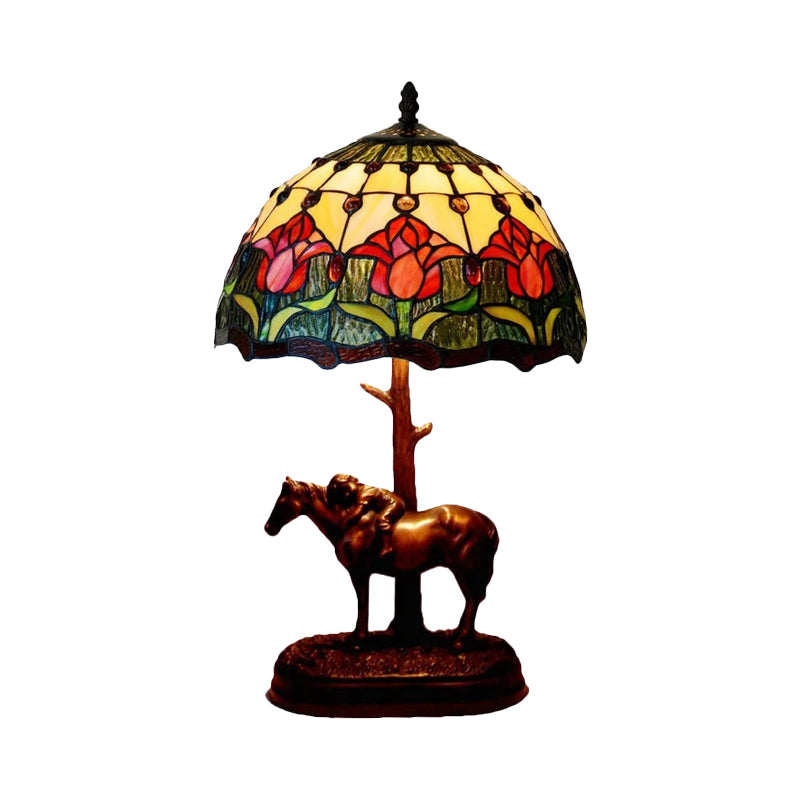 Stained Glass Flowering Bud Night Lamp Tiffany 1-Light Coffee Table Lighting with Kid's Horse Ride Statue Clearhalo 'Lamps' 'Table Lamps' Lighting' 863859