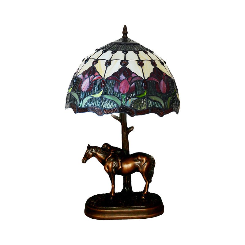 Stained Glass Flowering Bud Night Lamp Tiffany 1-Light Coffee Table Lighting with Kid's Horse Ride Statue Clearhalo 'Lamps' 'Table Lamps' Lighting' 863860