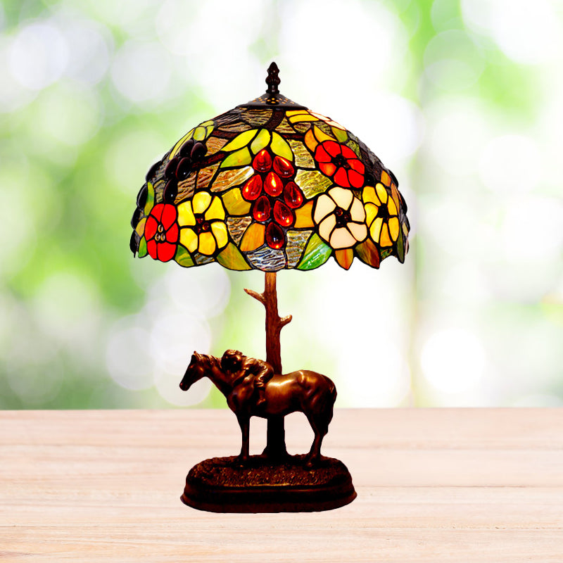 Painted Morning Glory Table Light Single Stained Art Glass Tiffany Nightstand Lamp with Horse Decor in Coffee Coffee Clearhalo 'Lamps' 'Table Lamps' Lighting' 863862