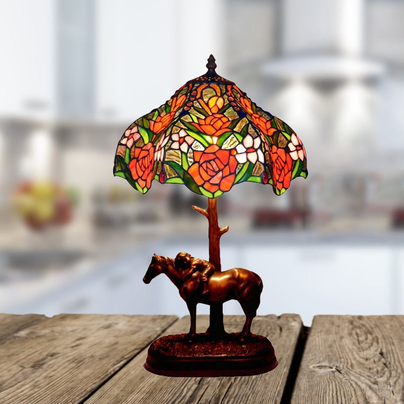 Single Night Stand Lamp Tiffany Blooming Rose Stained Glass Table Light with Scalloped Edge and Horse Base in Coffee Coffee Clearhalo 'Lamps' 'Table Lamps' Lighting' 863874