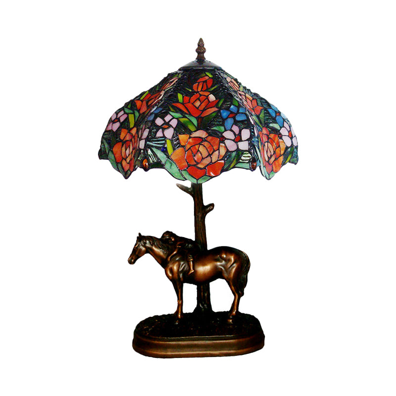 Single Night Stand Lamp Tiffany Blooming Rose Stained Glass Table Light with Scalloped Edge and Horse Base in Coffee Clearhalo 'Lamps' 'Table Lamps' Lighting' 863876