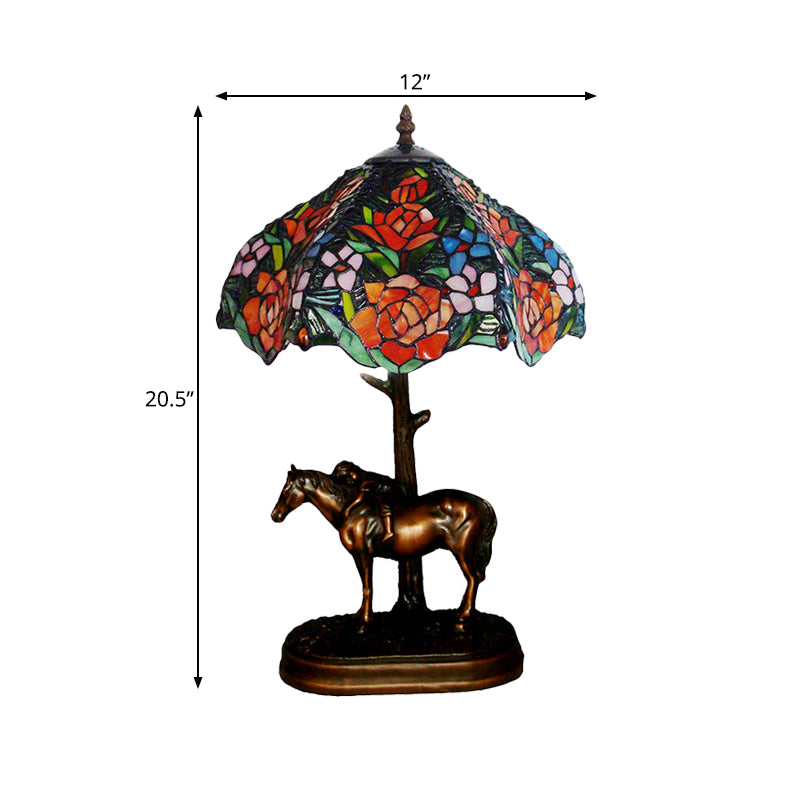 Single Night Stand Lamp Tiffany Blooming Rose Stained Glass Table Light with Scalloped Edge and Horse Base in Coffee Clearhalo 'Lamps' 'Table Lamps' Lighting' 863877