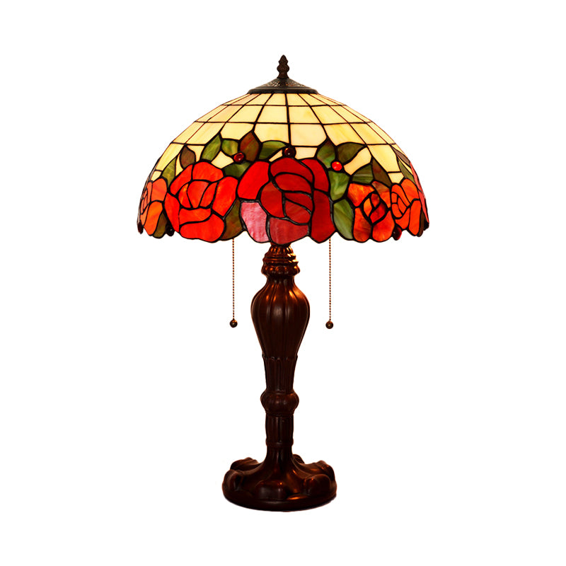 Rose-Edge Gridded Night Lamp 2-Light Stained Glass Tiffany Table Lighting with On Off Pull Chain in Coffee Clearhalo 'Lamps' 'Table Lamps' Lighting' 863883