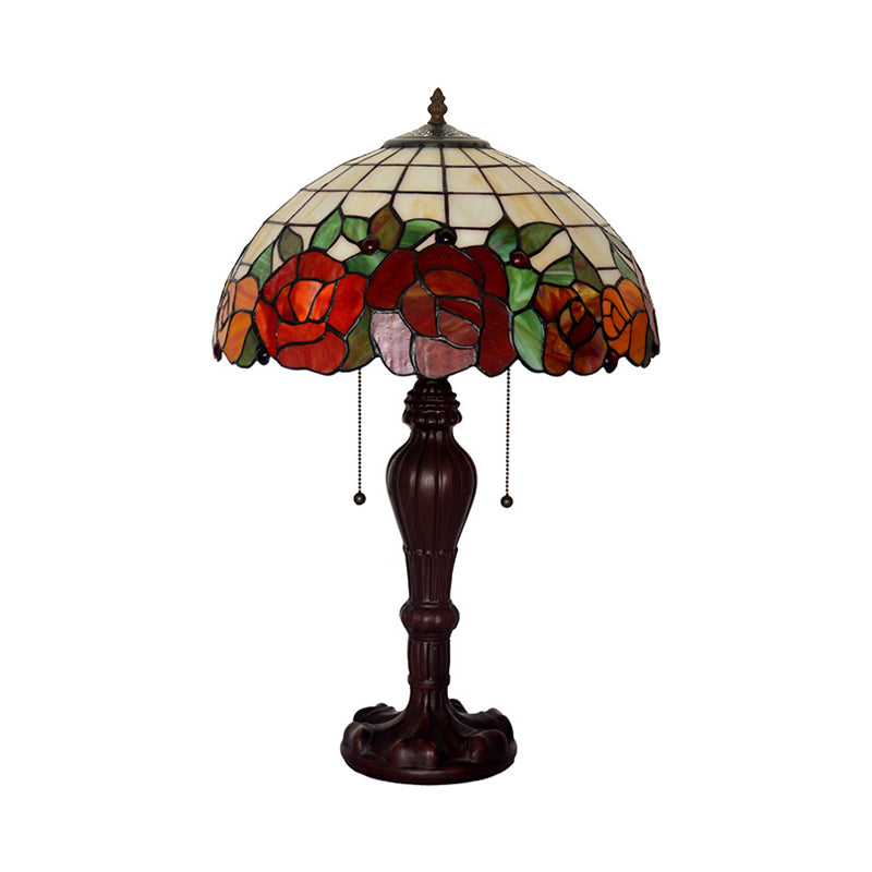 Rose-Edge Gridded Night Lamp 2-Light Stained Glass Tiffany Table Lighting with On Off Pull Chain in Coffee Clearhalo 'Lamps' 'Table Lamps' Lighting' 863884
